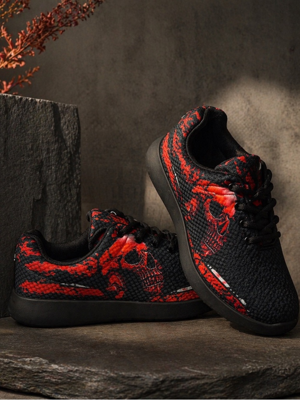Black & Red Skull Accent Men’s Athletic Sneakers